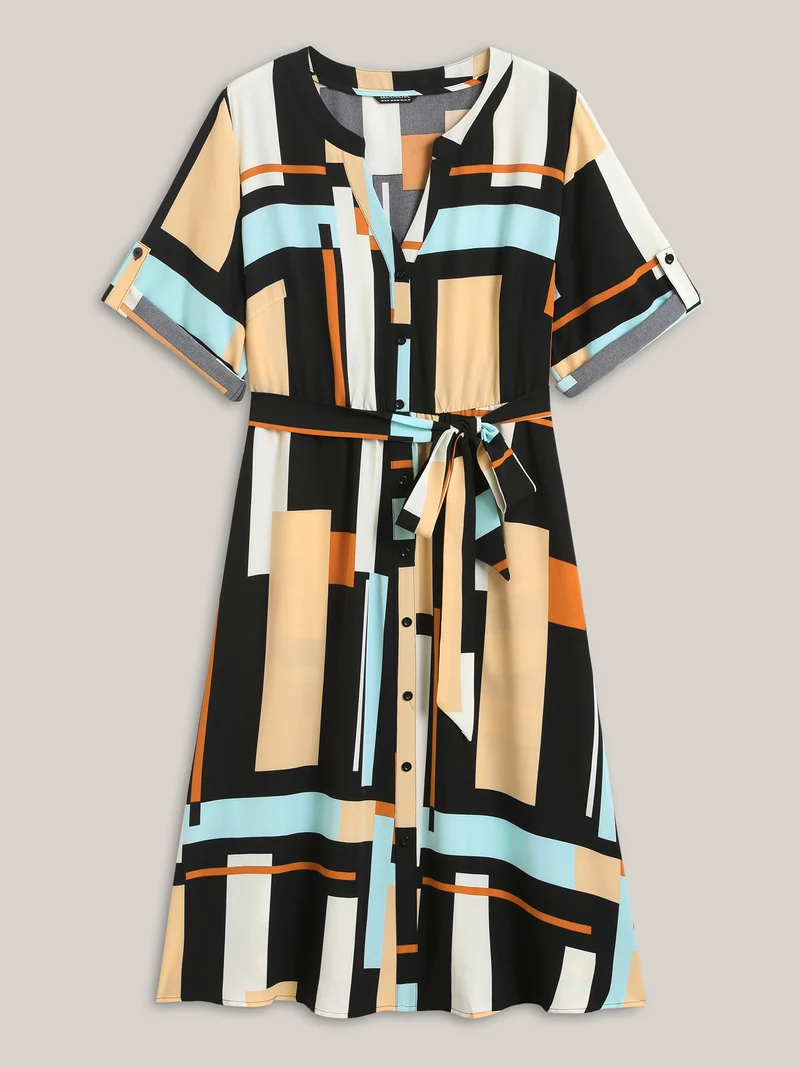 Geometric Print Stretchy Waist Belted Midi Dress