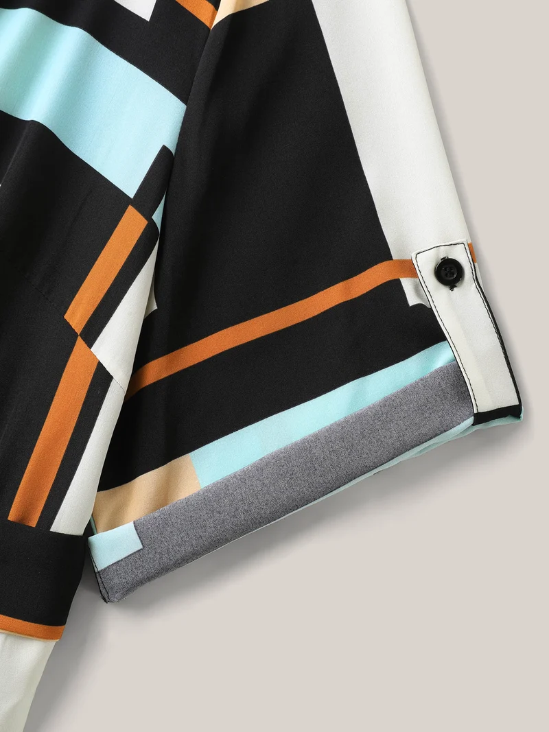 Geometric Print Stretchy Waist Belted Midi Dress