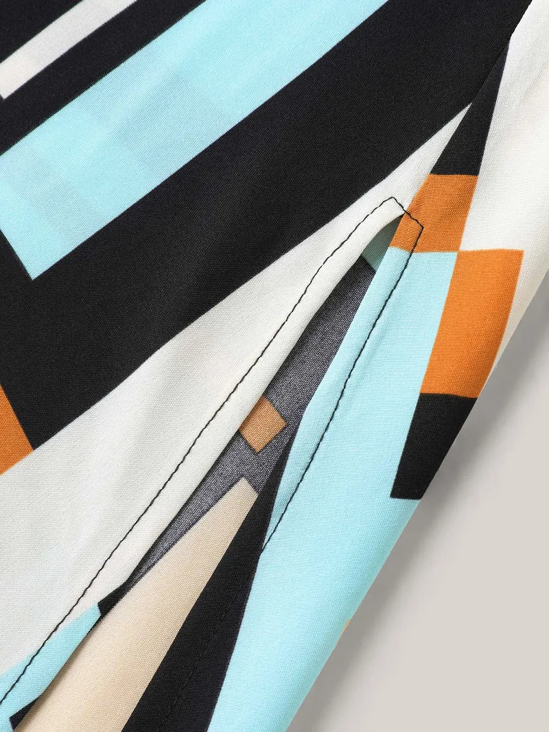 Geometric Print Stretchy Waist Belted Midi Dress
