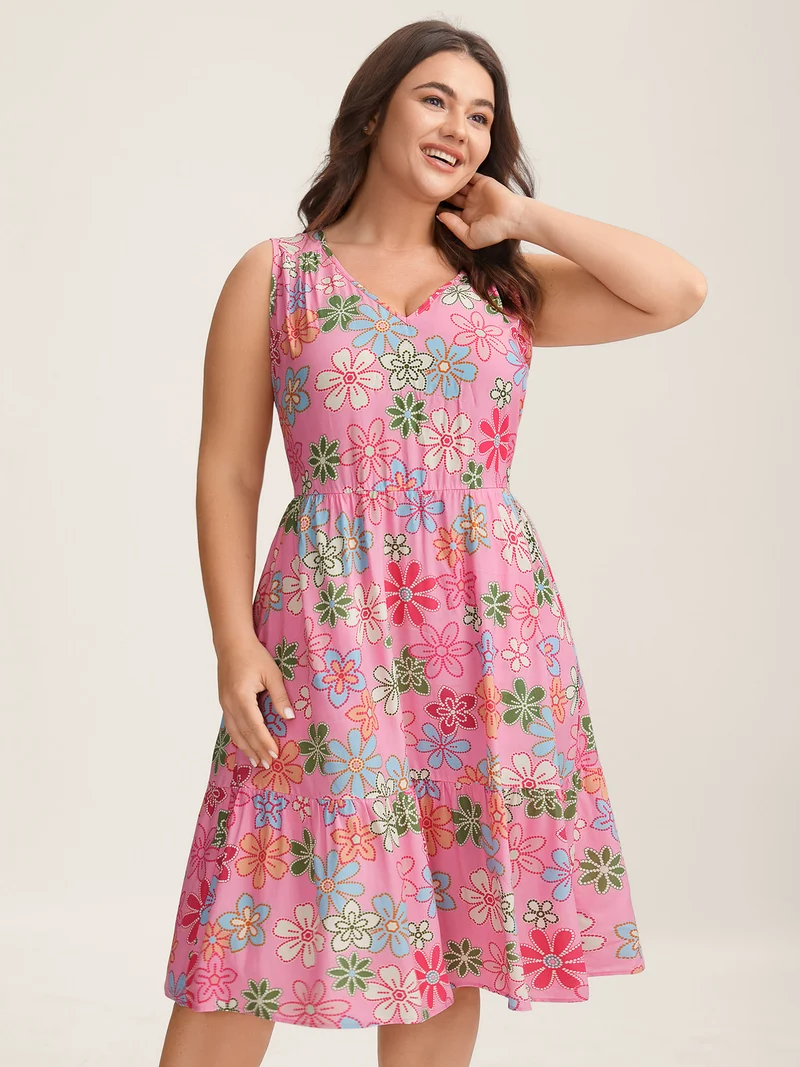 Rayon Floral Print Stretchy Waist Midi Dress