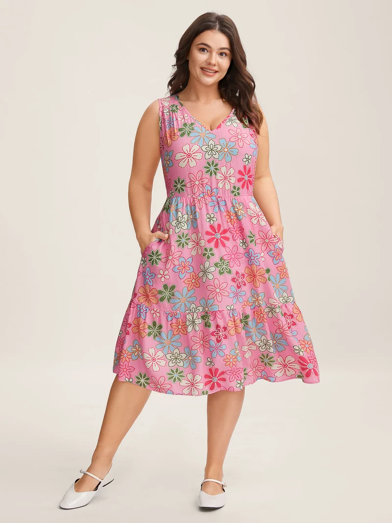 Rayon Floral Print Stretchy Waist Midi Dress