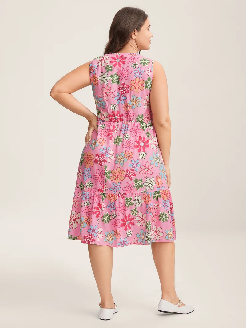 Rayon Floral Print Stretchy Waist Midi Dress
