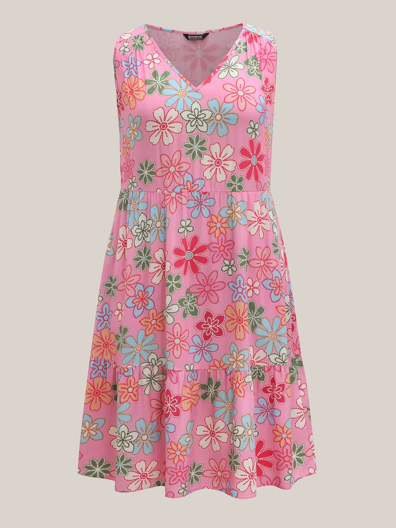 Rayon Floral Print Stretchy Waist Midi Dress