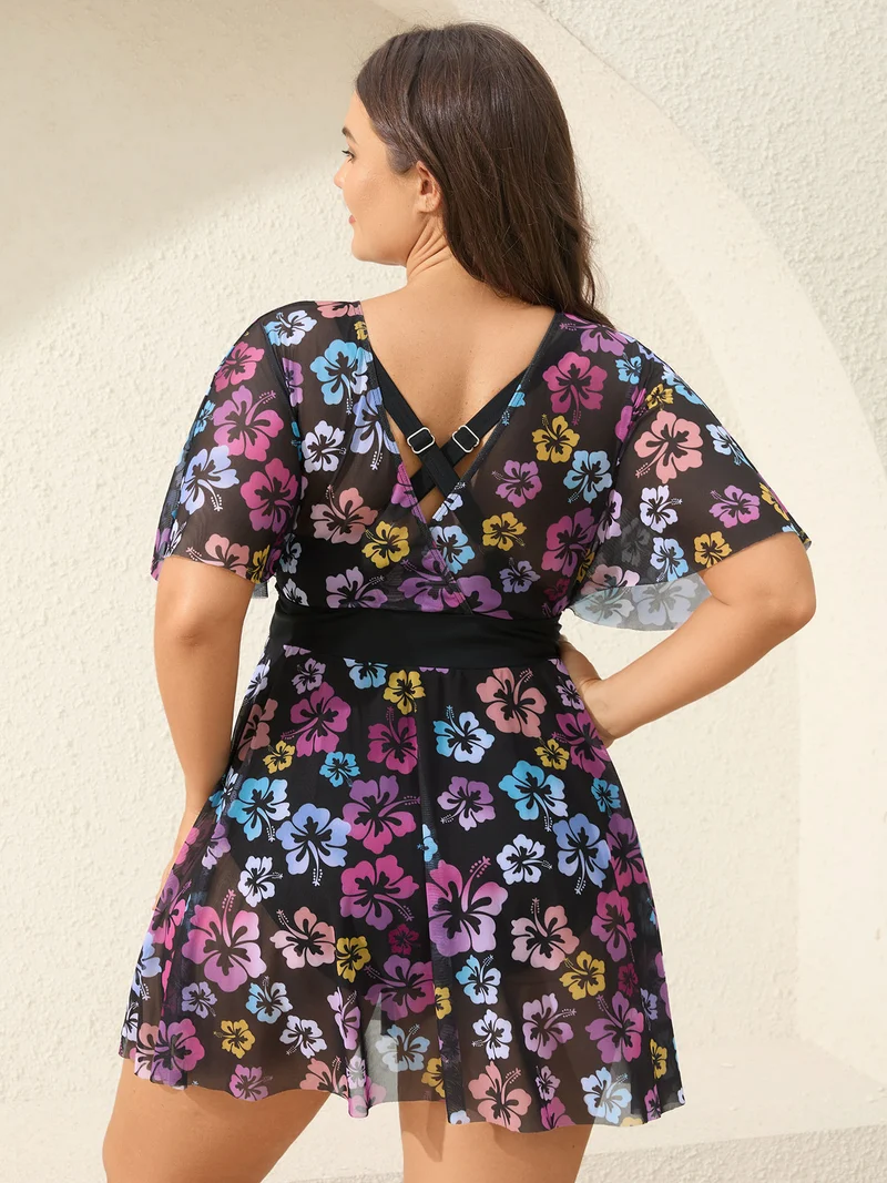 Floral Mesh Layered Surplice Swim Dress