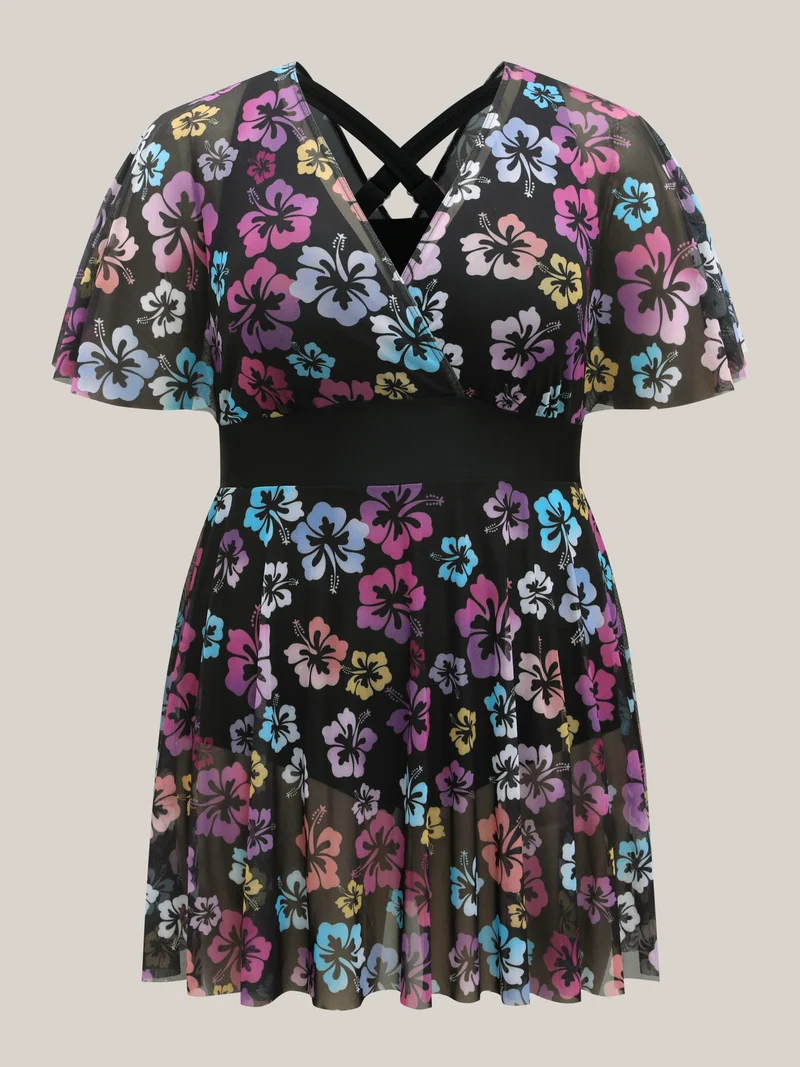 Floral Mesh Layered Surplice Swim Dress