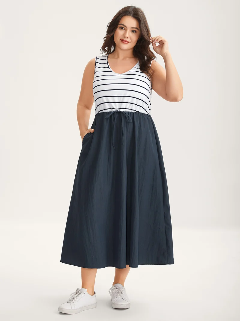 Stripes Color Contrast Pockets Midi Dress