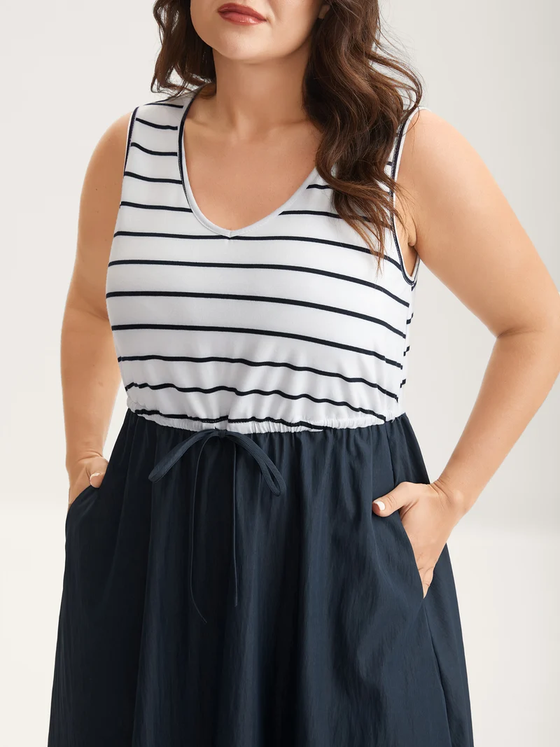 Stripes Color Contrast Pockets Midi Dress
