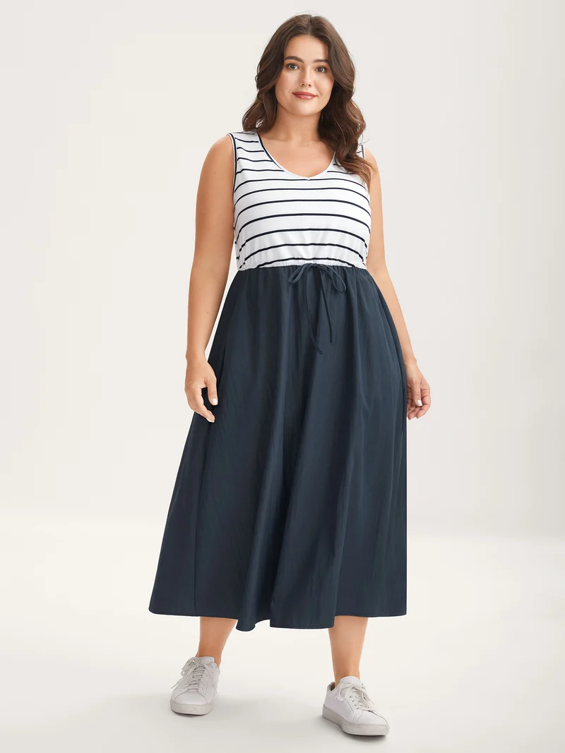 Stripes Color Contrast Pockets Midi Dress