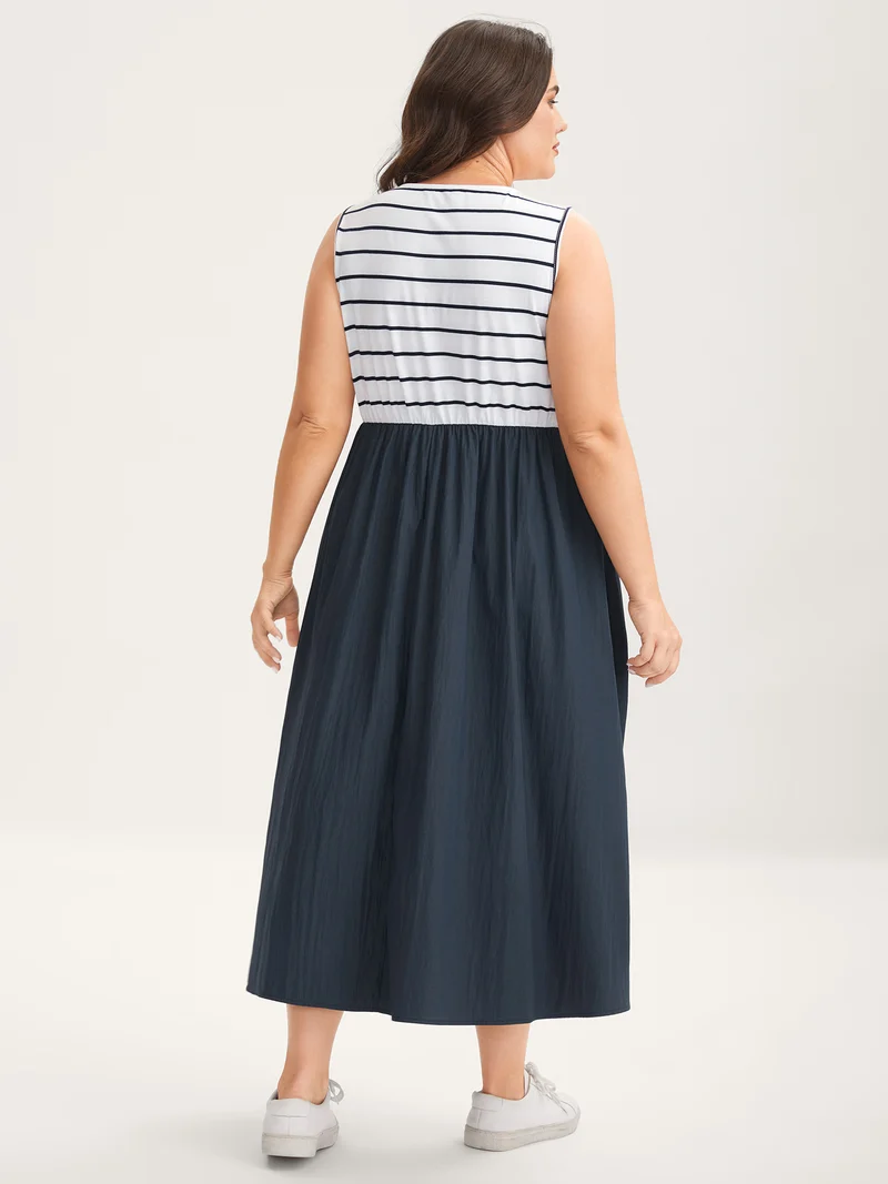Stripes Color Contrast Pockets Midi Dress