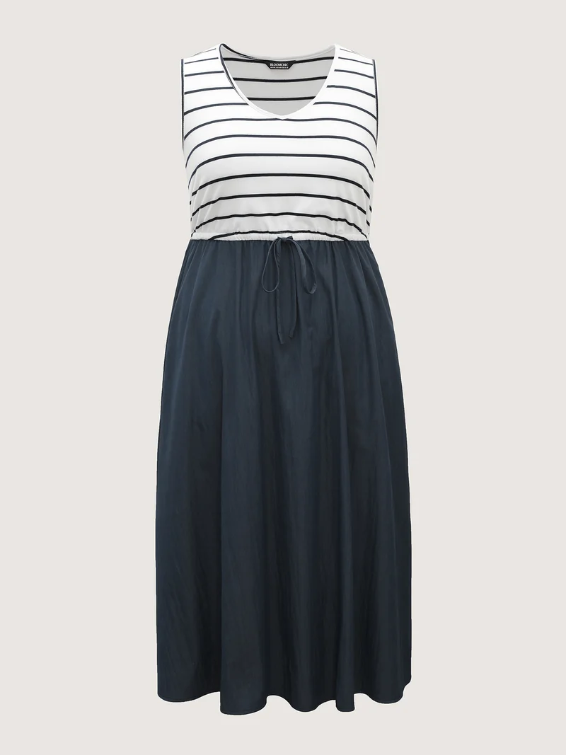 Stripes Color Contrast Pockets Midi Dress