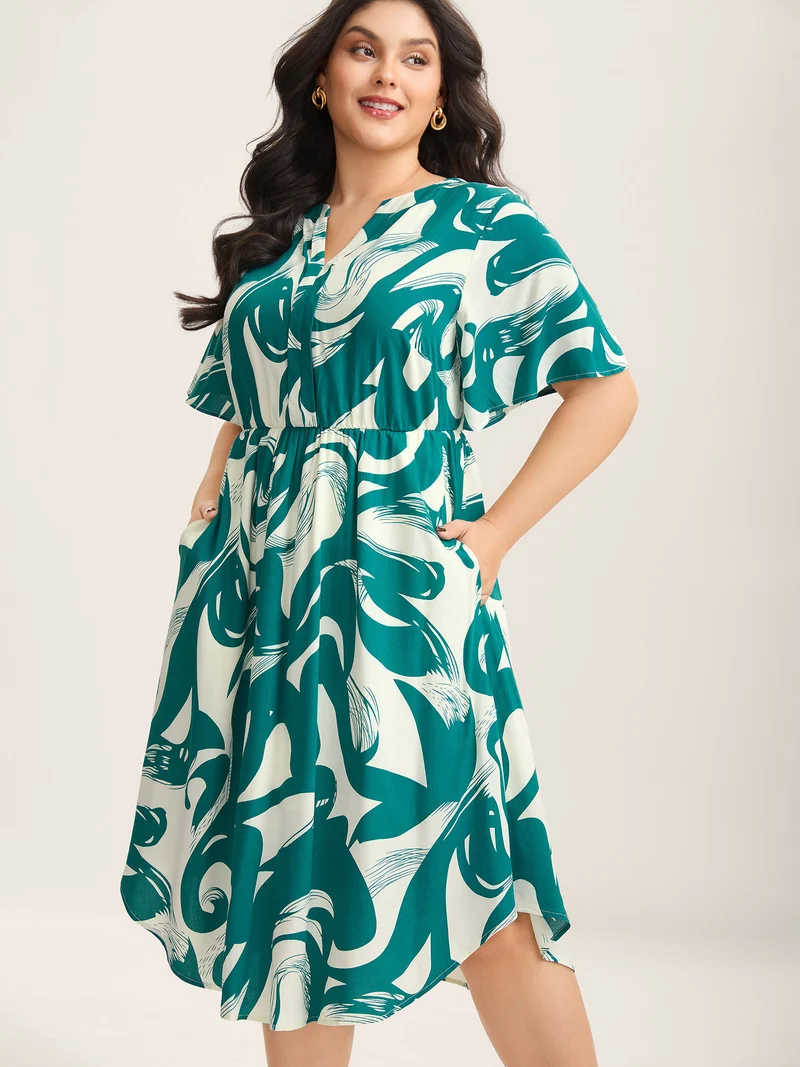 Rayon Geometric Print Midi Dress