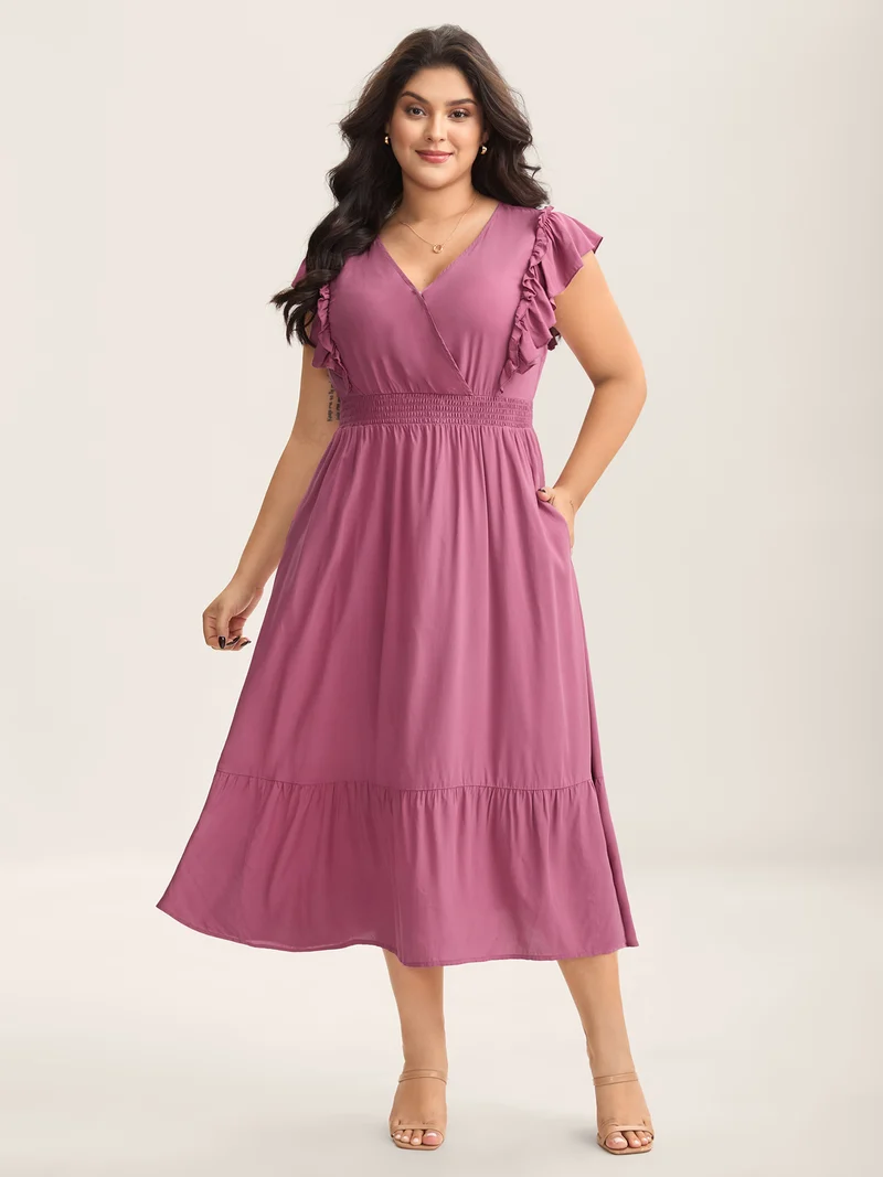 Rayon Ruffled Shirred Waist Solid Midi Dress