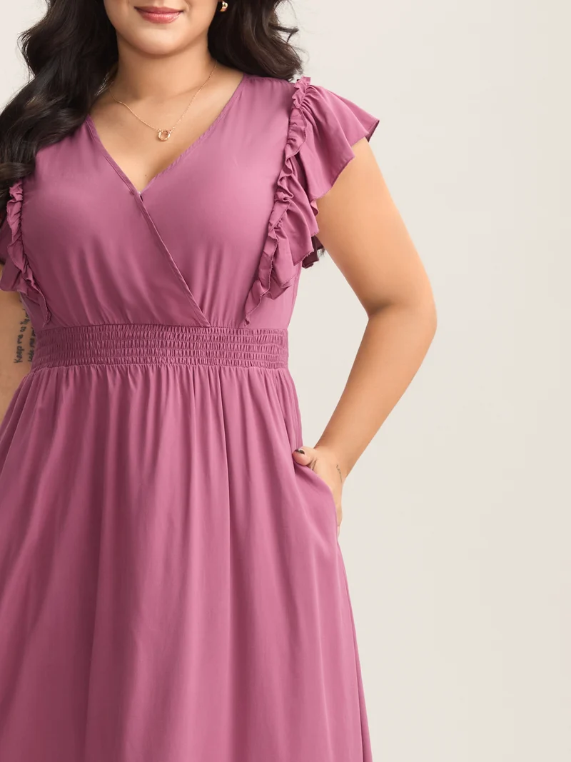 Rayon Ruffled Shirred Waist Solid Midi Dress