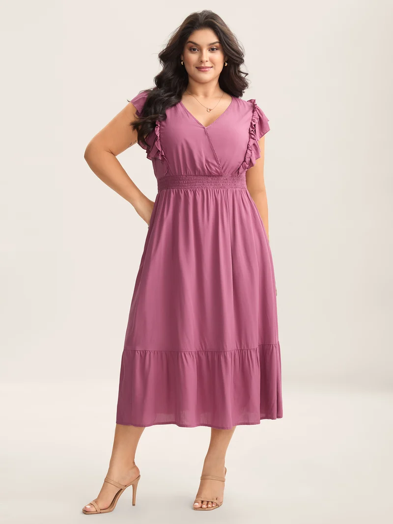 Rayon Ruffled Shirred Waist Solid Midi Dress