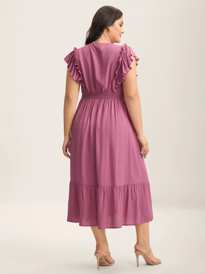 Rayon Ruffled Shirred Waist Solid Midi Dress