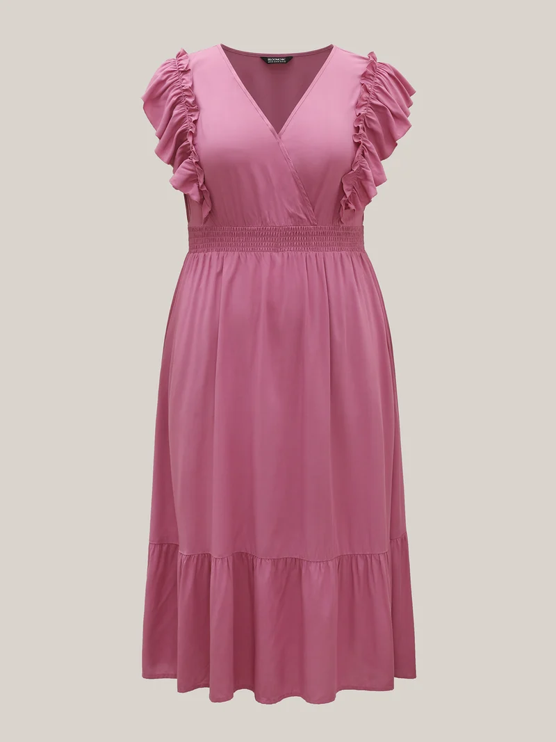 Rayon Ruffled Shirred Waist Solid Midi Dress