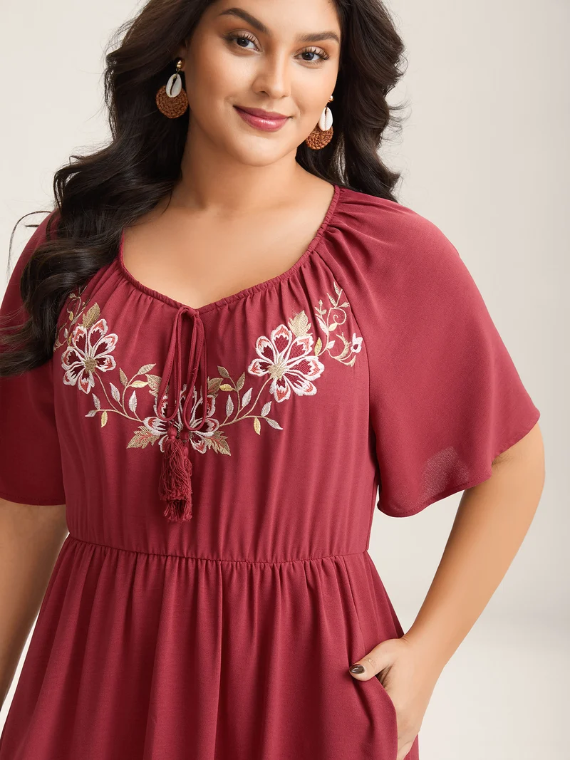 Floral Embroidery Solid Tiered Midi Dress