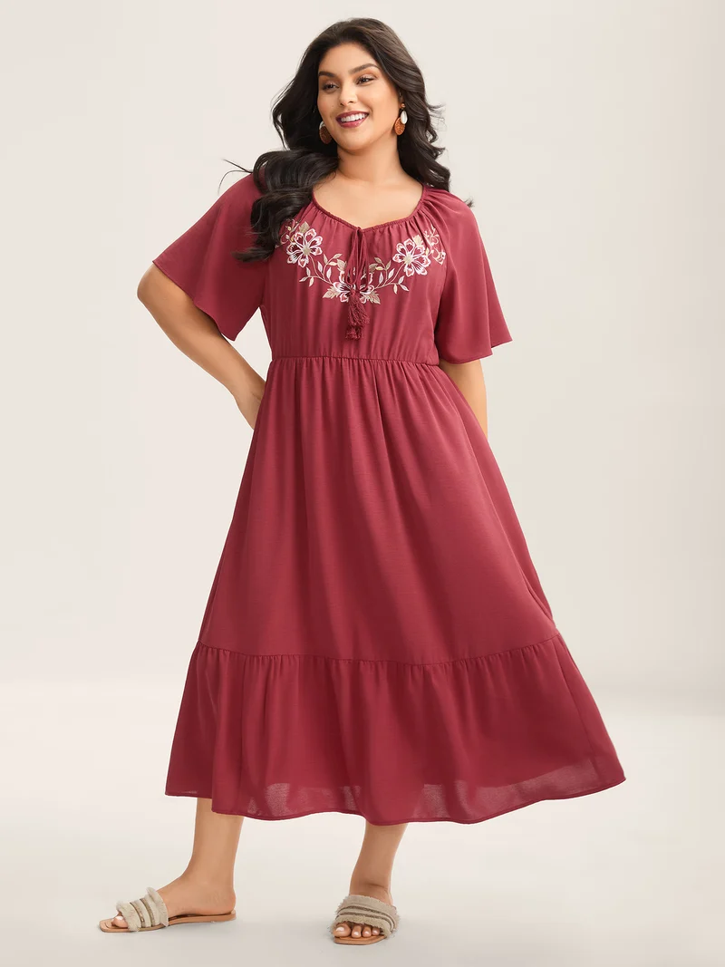 Floral Embroidery Solid Tiered Midi Dress