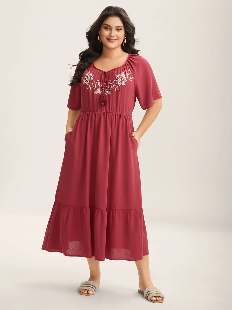 Floral Embroidery Solid Tiered Midi Dress