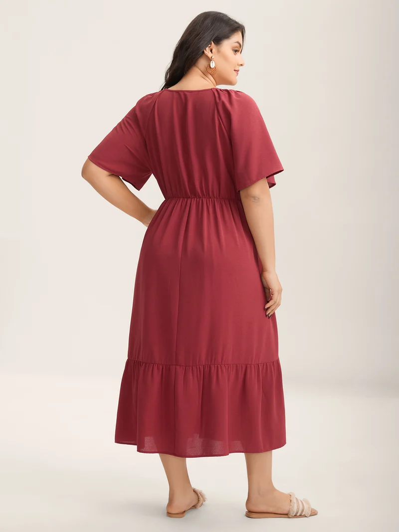 Floral Embroidery Solid Tiered Midi Dress