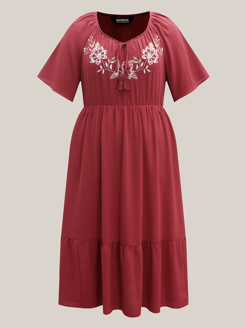 Floral Embroidery Solid Tiered Midi Dress