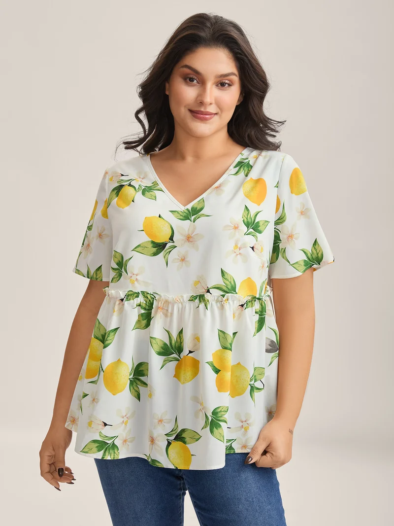Citrus Print Petal Trim Blouse