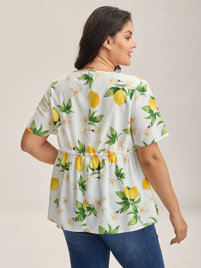 Citrus Print Petal Trim Blouse