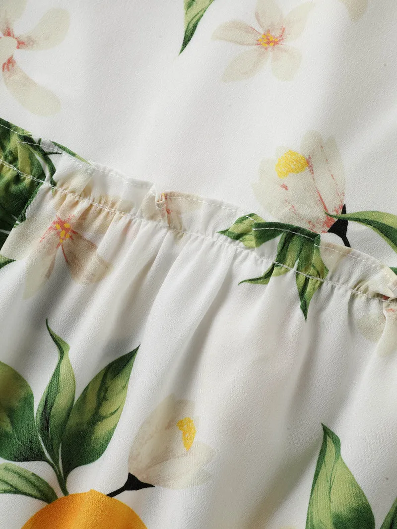 Citrus Print Petal Trim Blouse