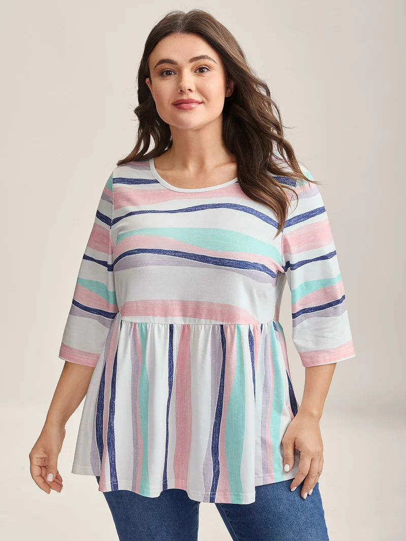 Color Contrast Seven-Quarter Sleeve T-Shirt