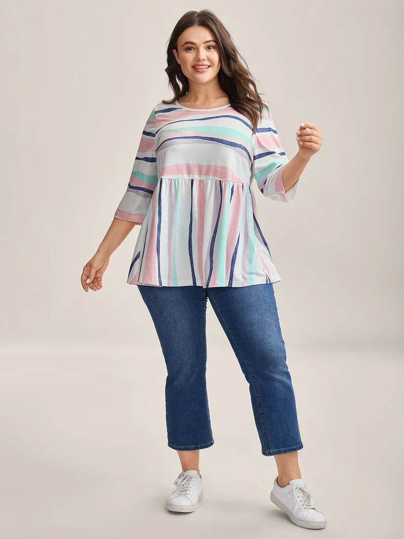 Color Contrast Seven-Quarter Sleeve T-Shirt