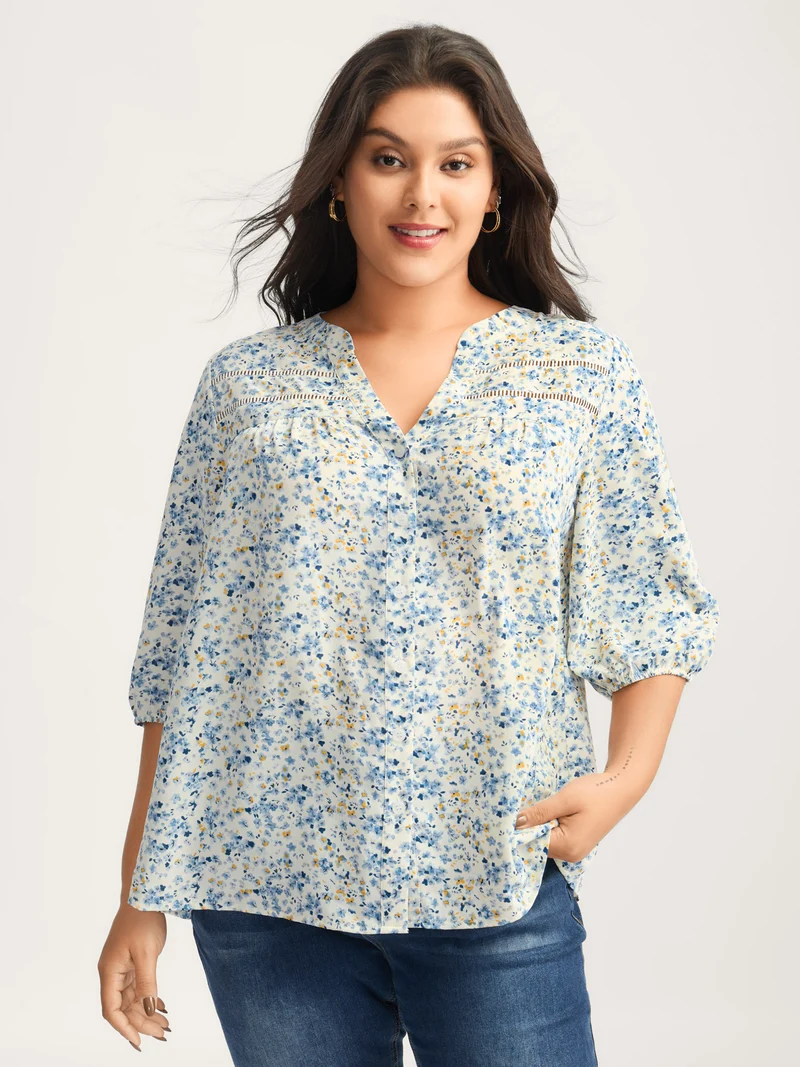 Floral Print Lace Trim Flowy Blouse
