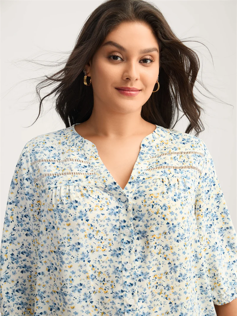 Floral Print Lace Trim Flowy Blouse