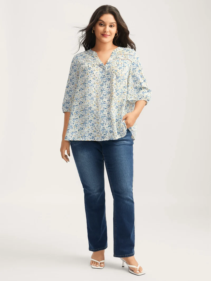 Floral Print Lace Trim Flowy Blouse