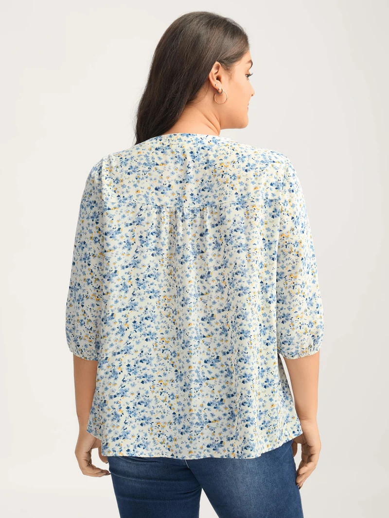Floral Print Lace Trim Flowy Blouse