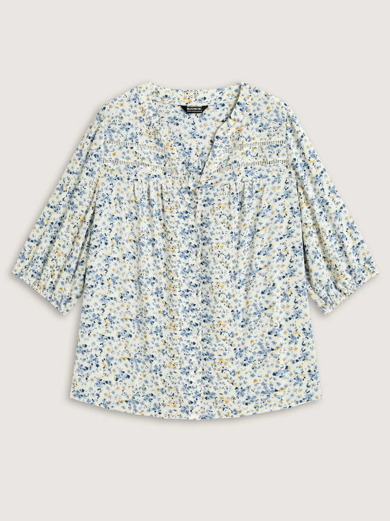 Floral Print Lace Trim Flowy Blouse