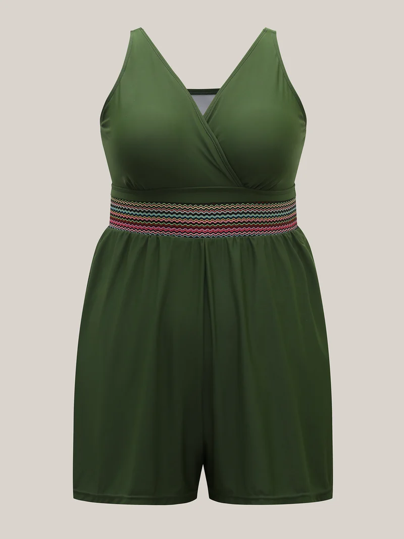 Colorful Webbed Surplice Pockets Swim Romper