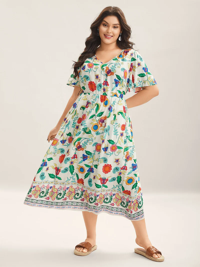 Sunkissed Floral V-Neck Pockets Midi Dress