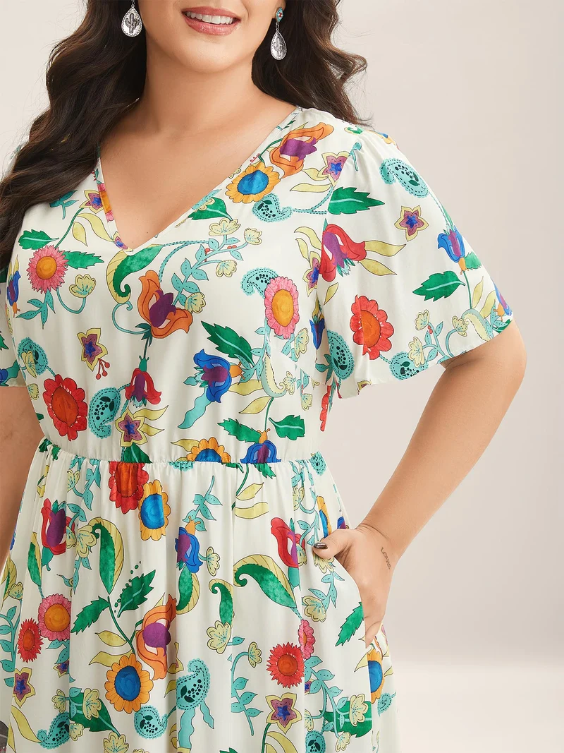 Sunkissed Floral V-Neck Pockets Midi Dress