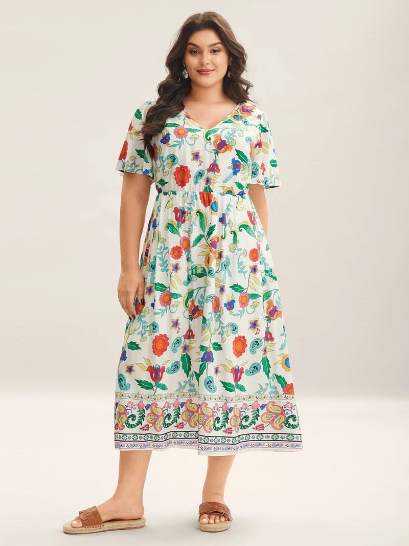 Sunkissed Floral V-Neck Pockets Midi Dress