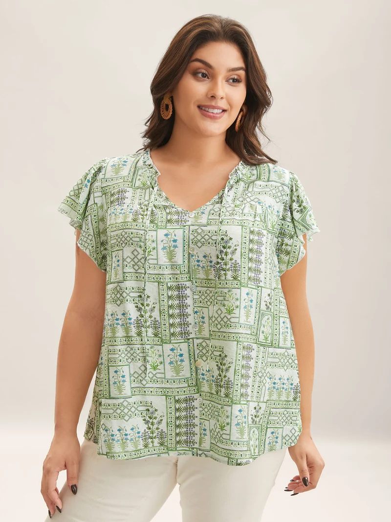 Serene Leaf Collage Flutter Sleeve Blouse
