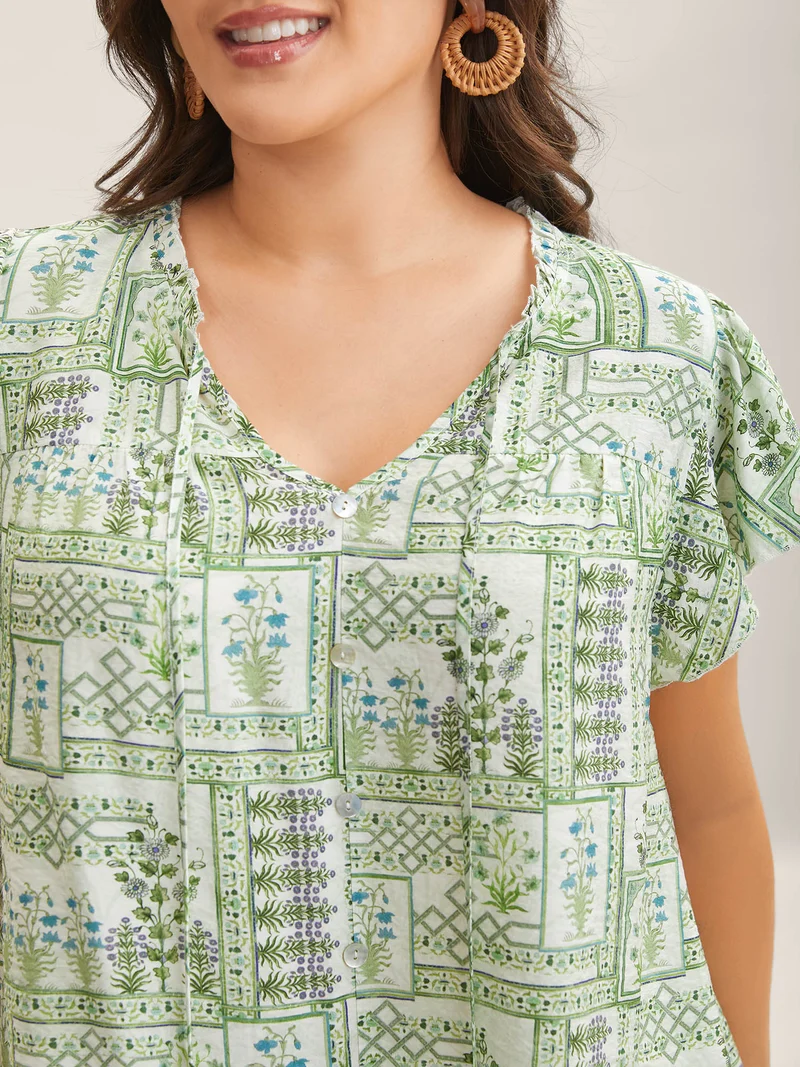 Serene Leaf Collage Flutter Sleeve Blouse