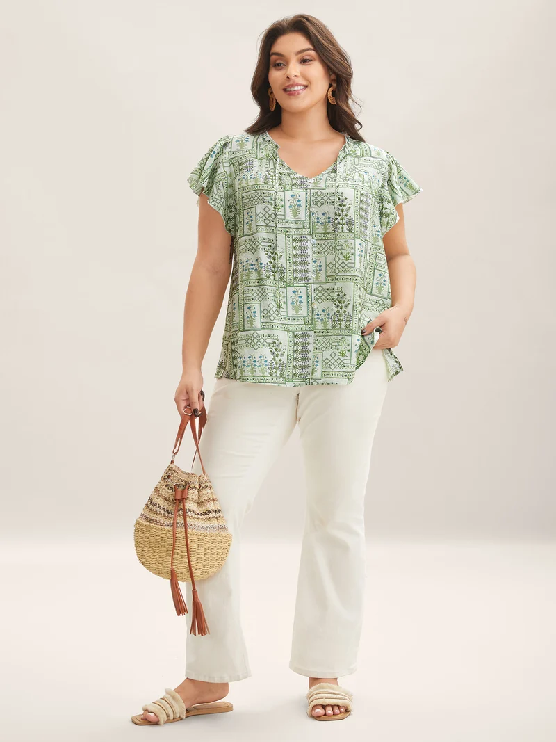 Serene Leaf Collage Flutter Sleeve Blouse