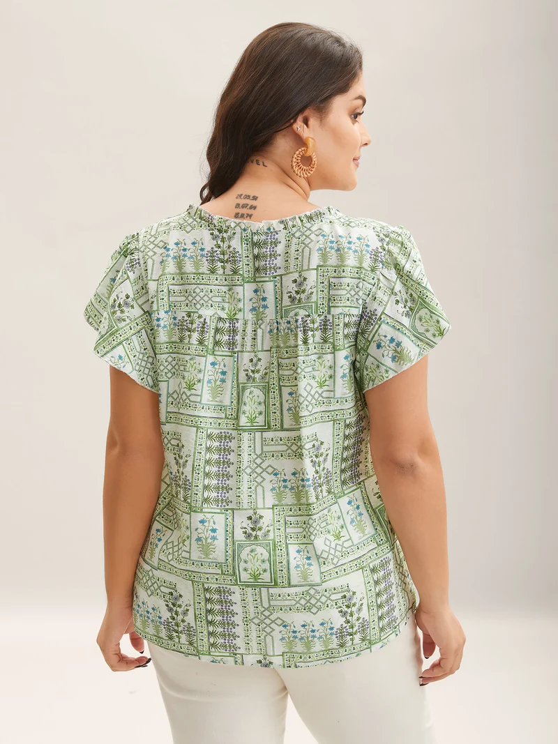 Serene Leaf Collage Flutter Sleeve Blouse