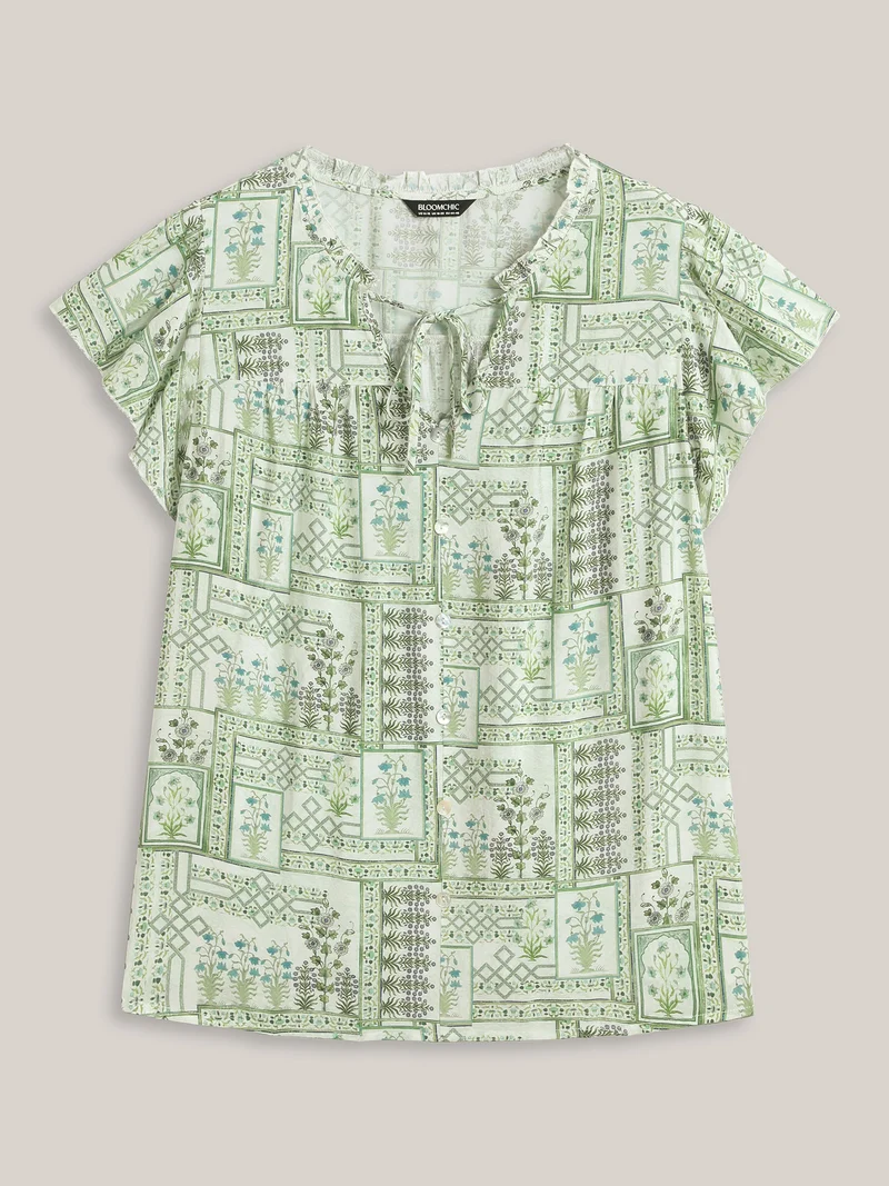 Serene Leaf Collage Flutter Sleeve Blouse