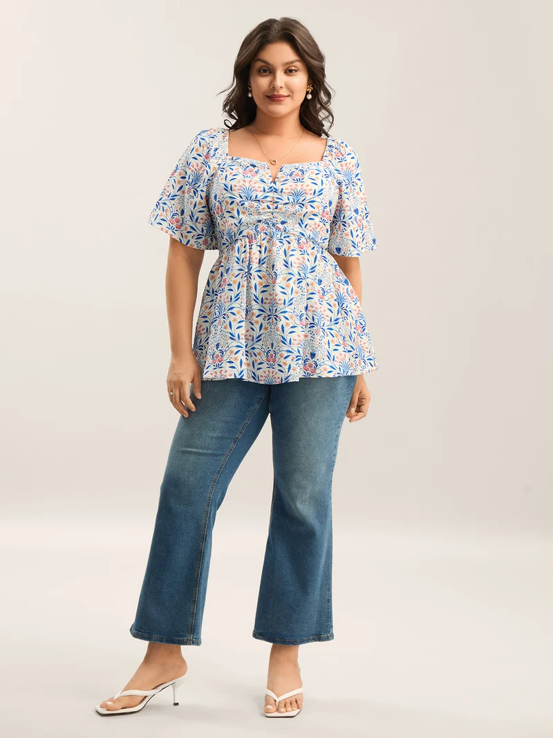 Floral Print Ruched Bodice Blouse