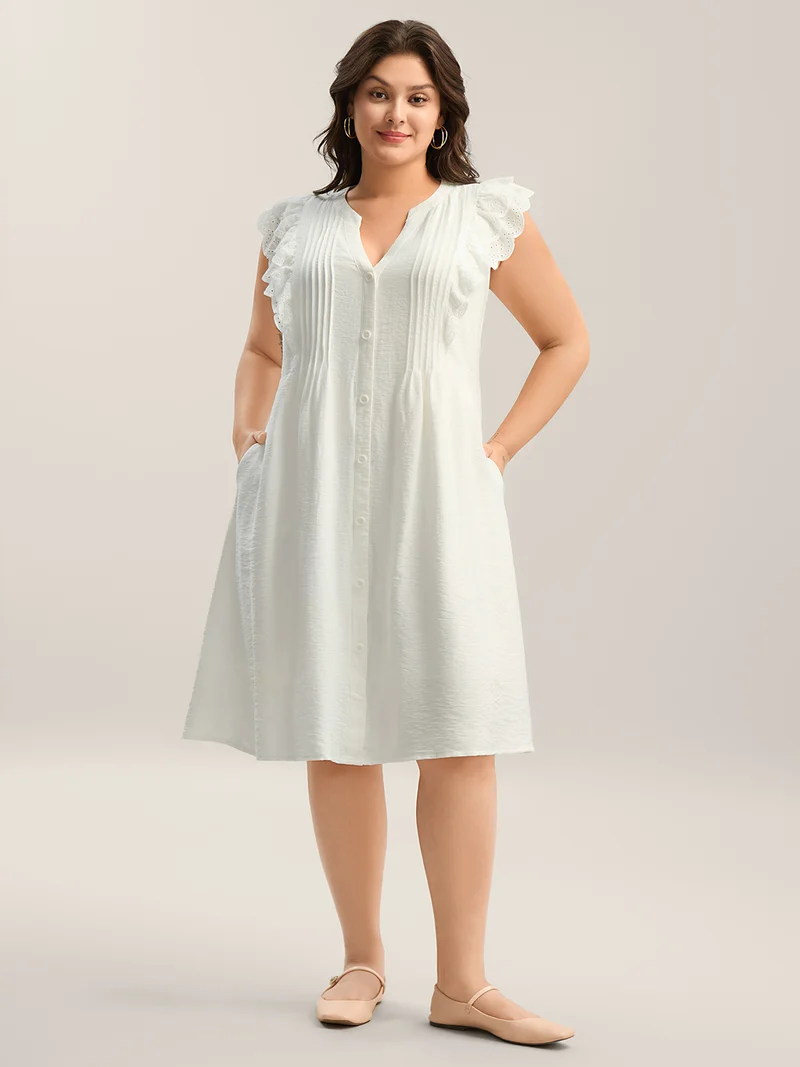 Lace Trim Pleated Button Shirt Dress