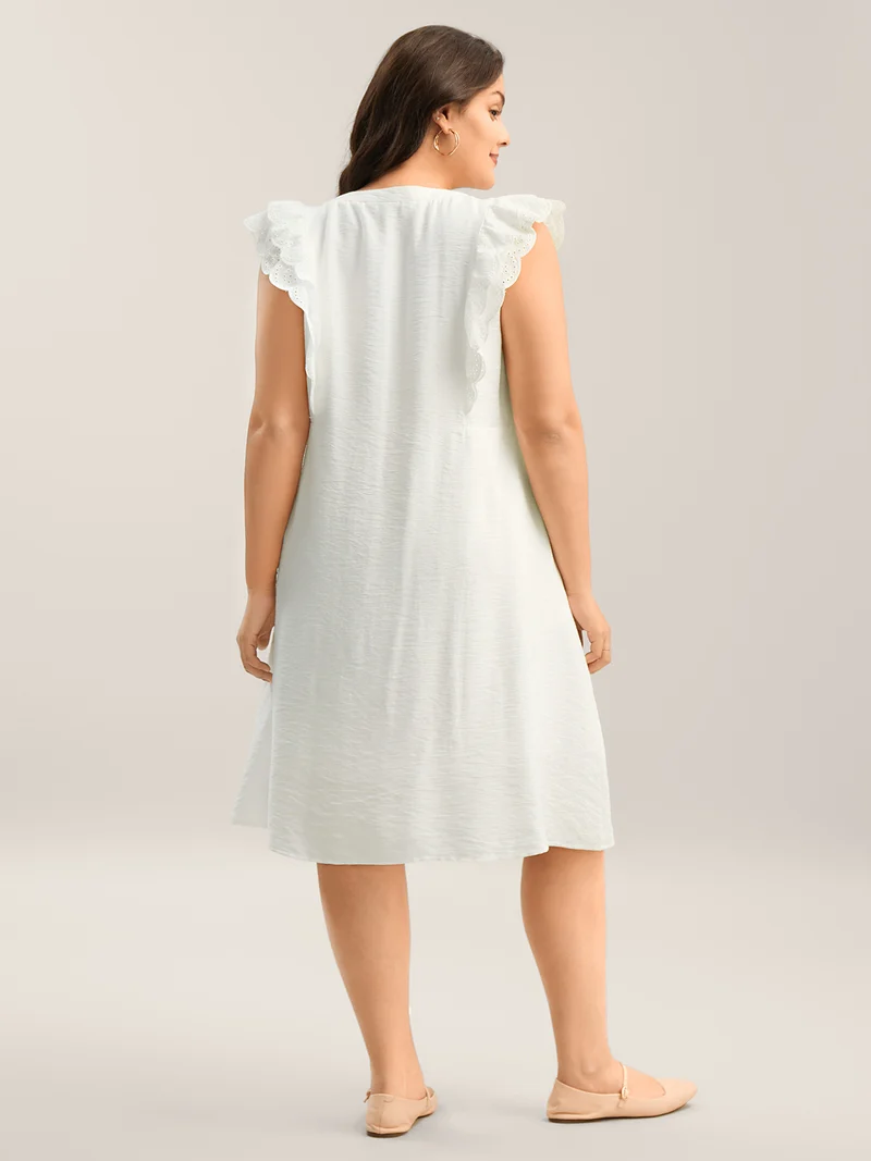 Lace Trim Pleated Button Shirt Dress