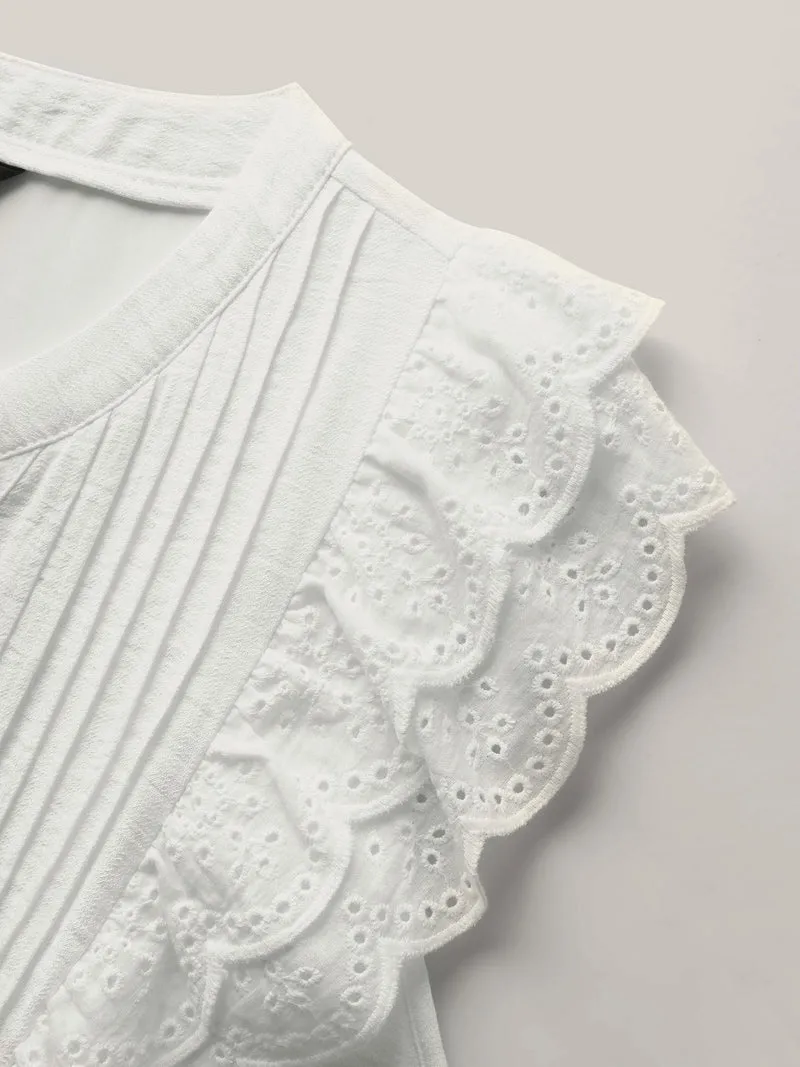 Lace Trim Pleated Button Shirt Dress