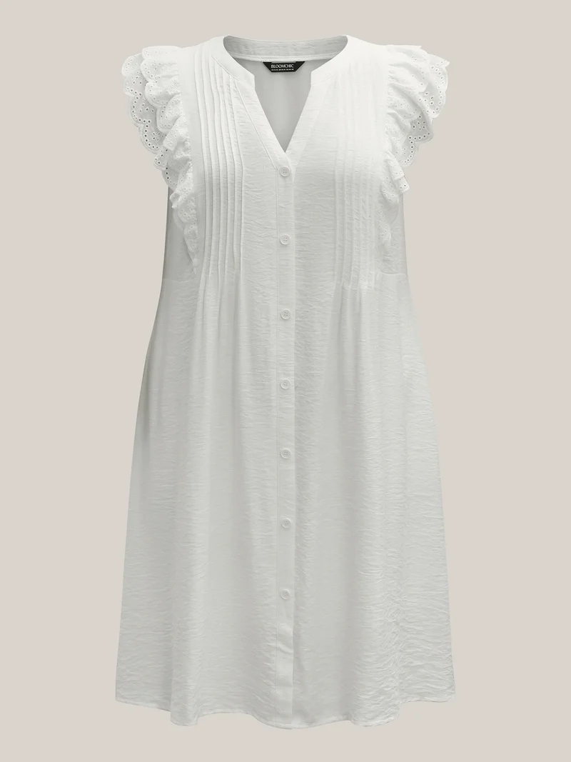 Lace Trim Pleated Button Shirt Dress
