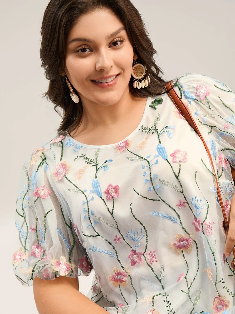 Floral Embroidered Mesh Bubble Sleeve Blouse